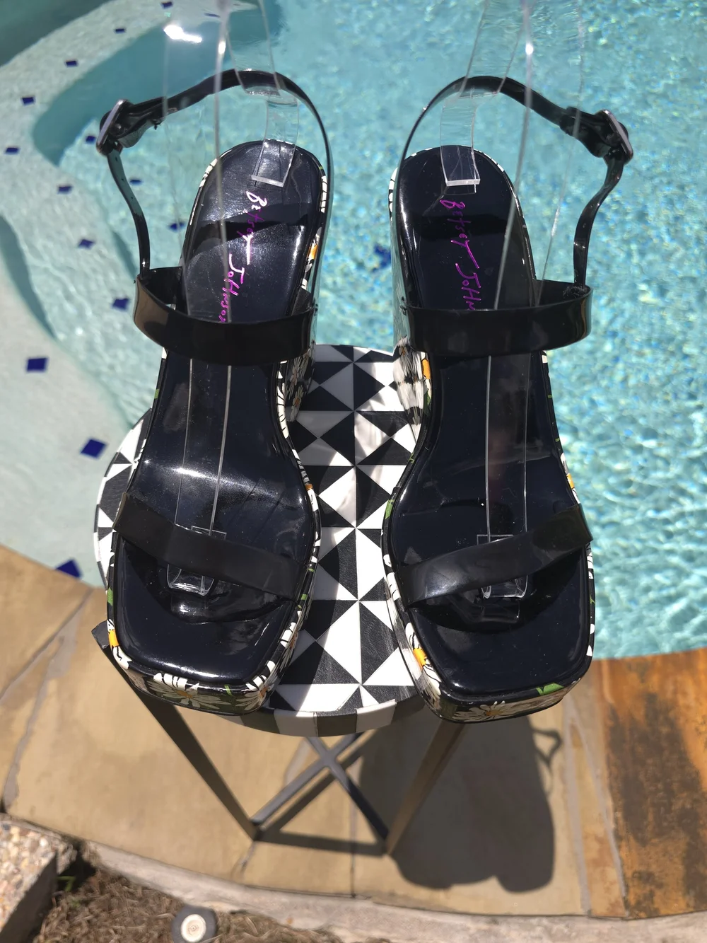 Betsey Johnson Black Patent Daisy Platform Wedge Sandals
